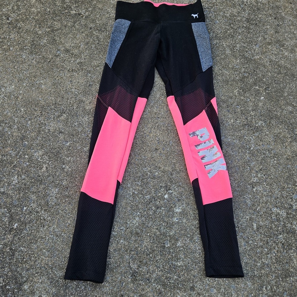 Victorias Secret Ultimate Leggings Black Pink Neon Colorblock Mesh Women XS